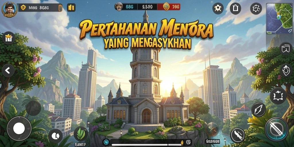 Screenshot gameplay Tower Defense dalam aksi dengan menara strategis.