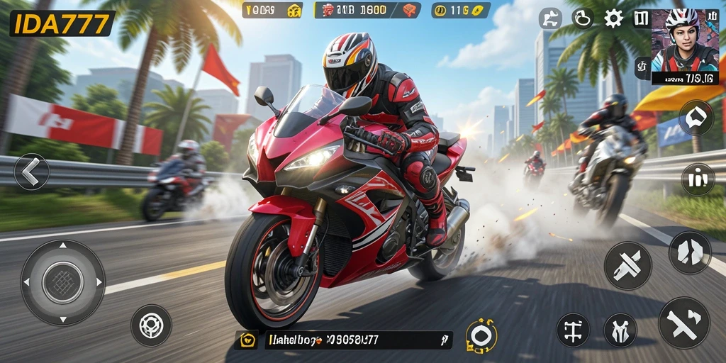 Tangkapan layar gameplay IDA777 menampilkan balapan motor yang mendebarkan.