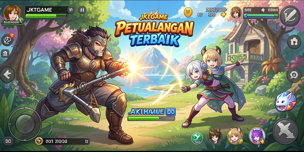 Tampilan gameplay <strong>JKTGAME</strong> dengan karakter yang penuh warna dan lingkungan animasi.